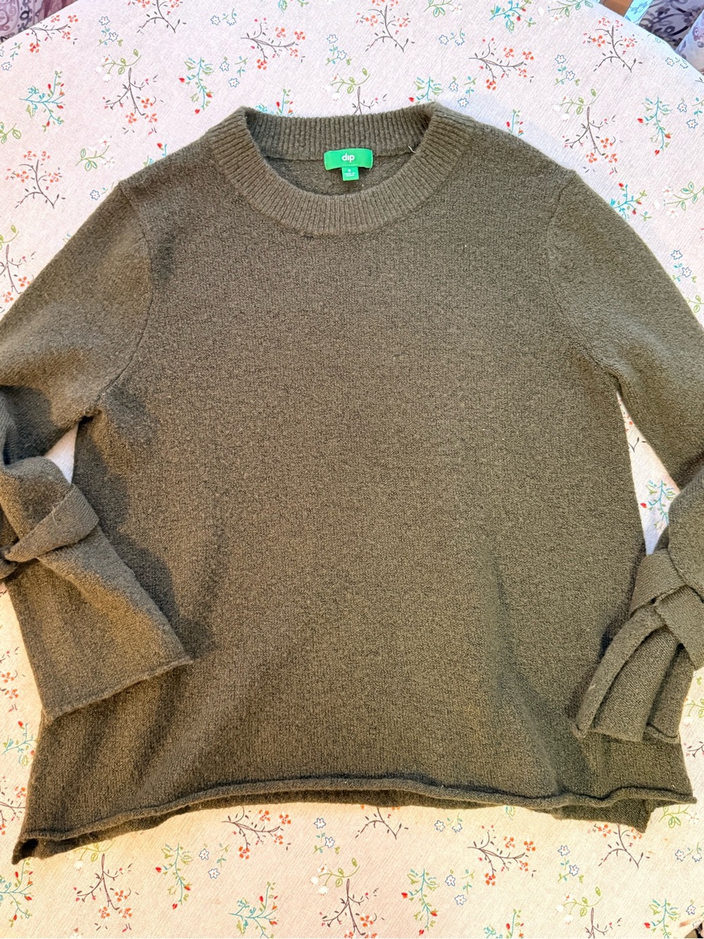 Dip Olive Green Crewneck Sweater with Knot-Tie Cuffs